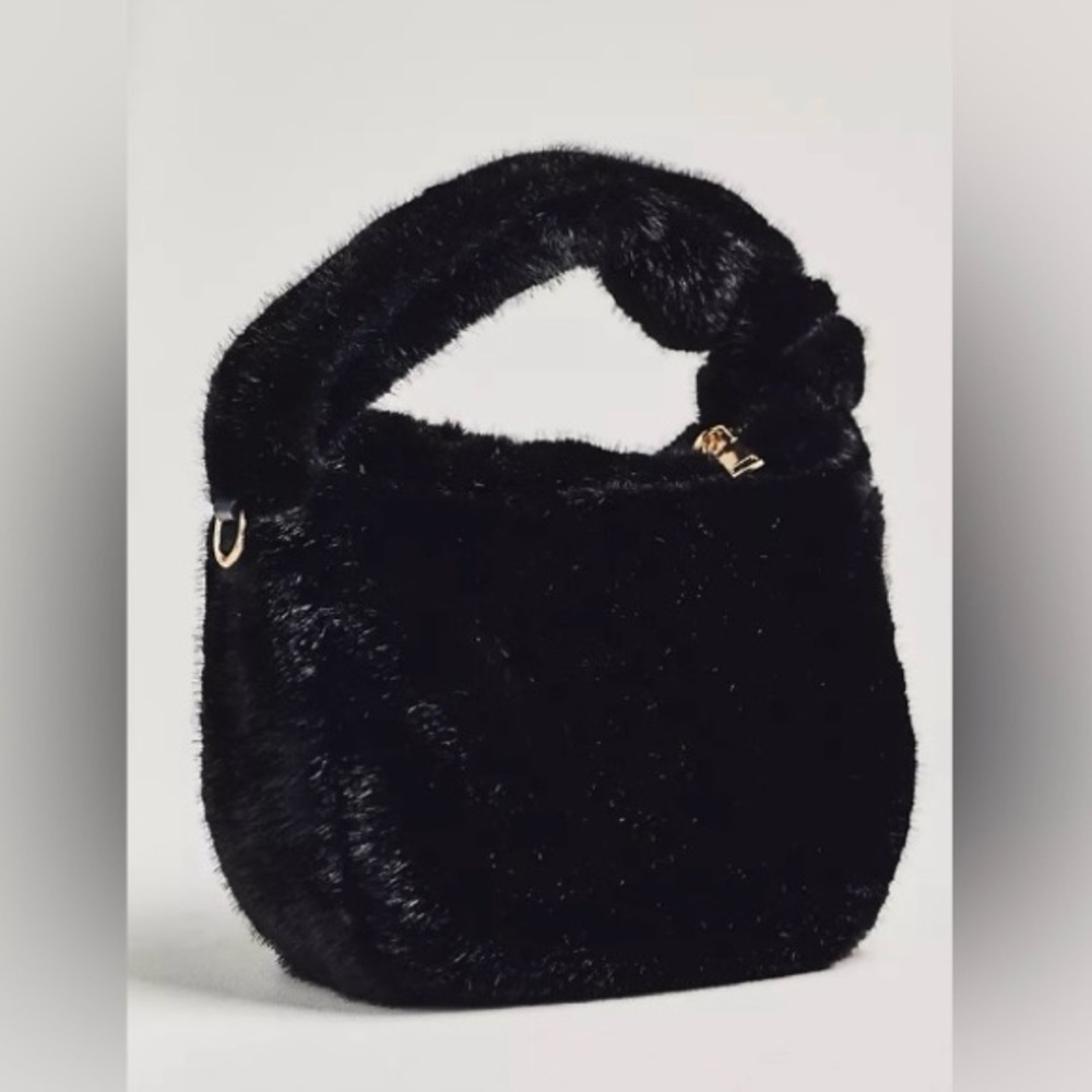 NWT Anthropologie Faux Fur Mini Hobo Bag in Black, Gold Hardware - Picture 3 of 10